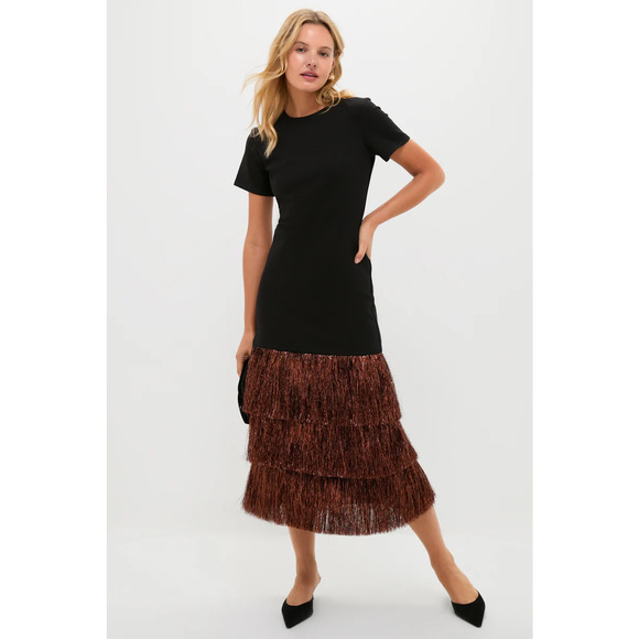 NWT Hyacinth House Metallic Fringe Francie Maxi Dress Black/Bronze Women's Large - Picture 1 of 8